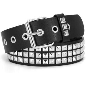 Women Men Rivet Studded Belt Row Pyramid Square Bead PU Faux Leather
